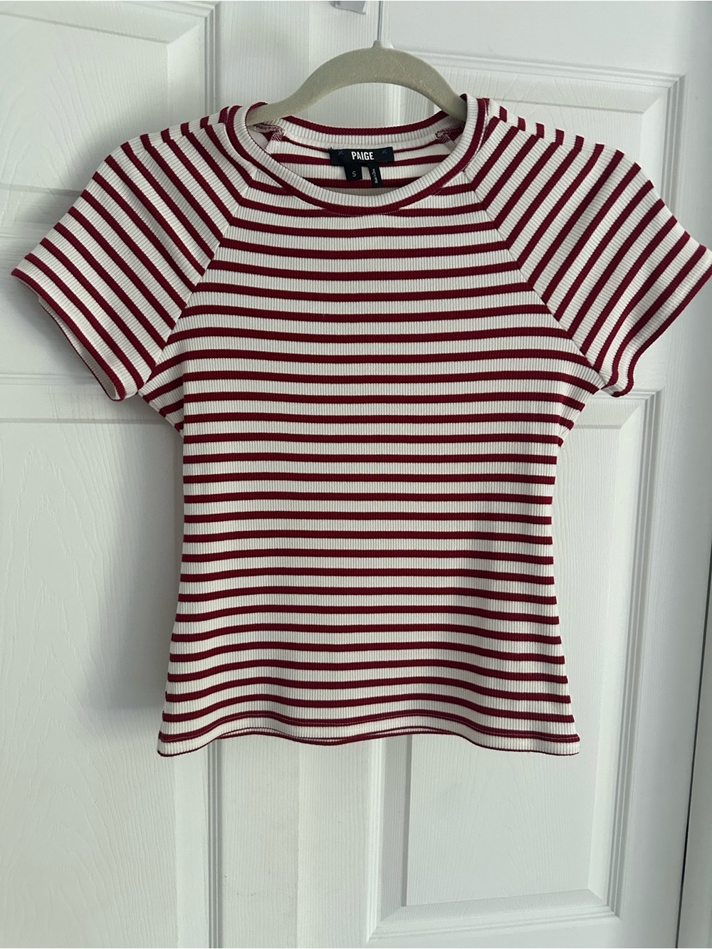 PAIGE Red and White Striped Ribbed Short Sleeve Top